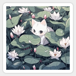 Cute white kitten in a field of lotus flowers Sticker